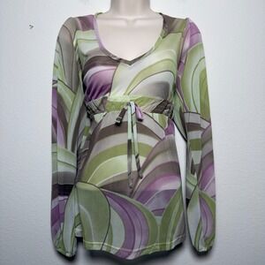 Flame Women Babydoll Top Medium Purple Green Fairy Long Sleeve Ethereal V-Neck